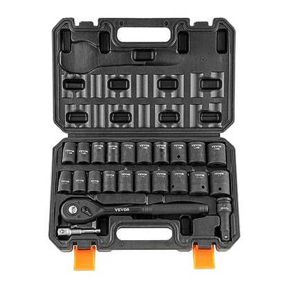 VEVOR 1/2" Drive Impact Socket Set, 23 Piece Socket Set SAE （7/16" -1"）& Metric （13-24mm）6 Point Cr-V Alloy Steel for Auto Repair with Ratchet Handle Rugged Construction Storage Case - style: 1/2" 23PCS