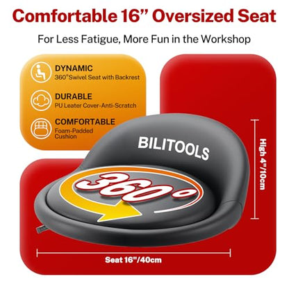 BILITOOLS Rolling Shop Stool with Wheels, Adjustable Mechanic Seat | Garage Chair with 21.5"-29.5" Height, 330 lb Capacity, 360° Swivel Padded Seat, Backrest, Casters and Tool Shelf