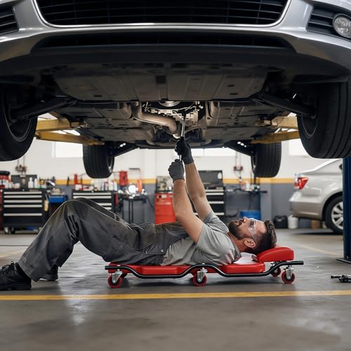 BESTOOL Mechanic's Creeper, 44inch Garage Creeper, 6 Sturdy Casters, Metal Frame Floor Creeper, 450LBS Capacity, Low Profile Design, Headrest,Red - color: Red-Metal frame, size: 44in