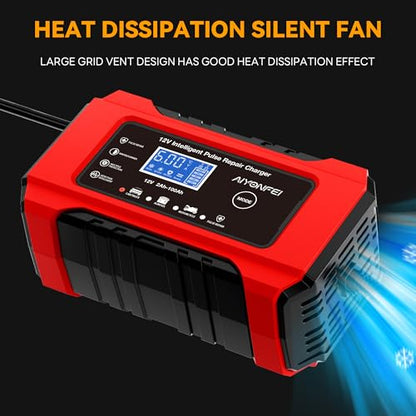 6A 12V Car Battery Charger Smart Maintainer Trickle Charger, Red | Smart Battery Desulfator, Temperature Compensation, for Car Truck Motorcycle, Lawn Mower Marine - color: Red