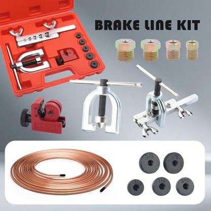 Single & Double Brake Line Flaring Tool Kit,3/16" Brake Line Kit for Most Hydraulic Braking Systems,Brakes Lines Repair Kits with 16 Brakes Lines Fittings,5 Adapters,Tubing Bender
