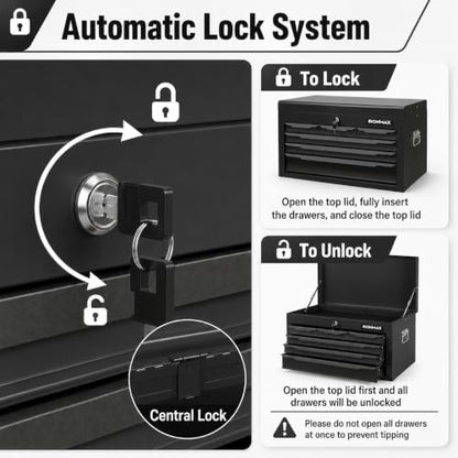 ARNOT Large Metal Tool Box, Tool Box with 6 Drawers & Top Tray, Heavy-Duty Steel Tool Chest with Auto-Locking Drawers and Side Handles for Garage & Workbench (Black) - color: Black