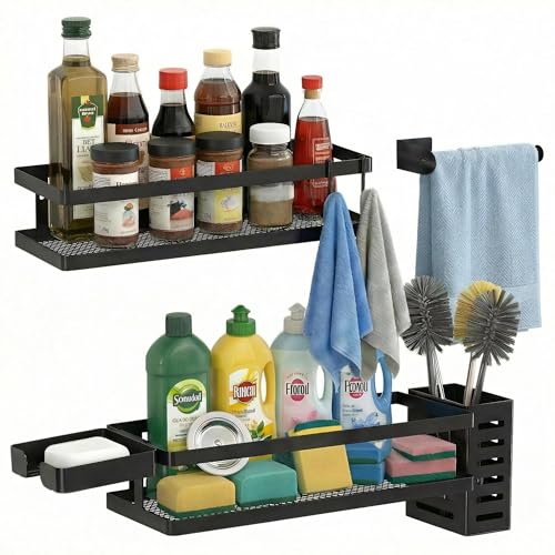 PUSDON 5-in-1 Shower Caddy & Kitchen Organizer Set, Wall Mount Wide Spice Rack with Paper Towel Holder, Utensil Holder, Soap Dish, Rustproof Mesh Baskets Hold 50LBS - Matte Black, Guardrail - color: Matte Black, size: 5-in-1 Minimalist (12.6" Wide)
