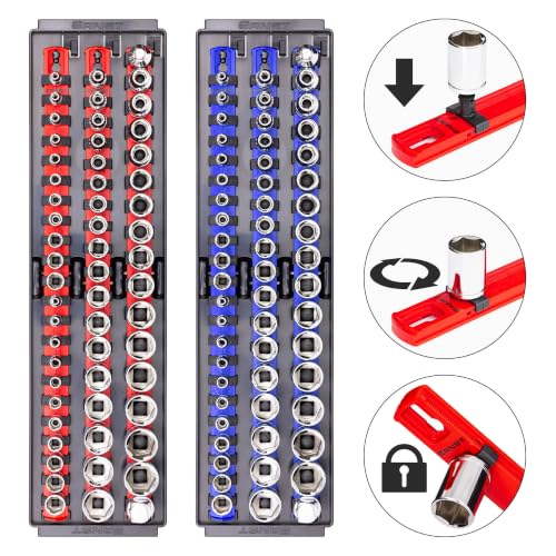 Ernst Manufacturing 2 Pack of Socket Boss with 18" Rails, 1 Red & 1 Blue for Complete Multiple Drive Size Socket Organization, Holds 114 Sockets - Made in USA (Patented)