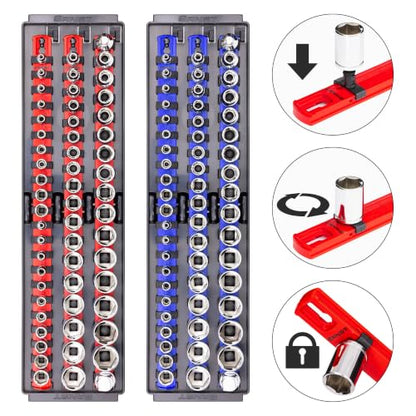 Ernst Manufacturing 2 Pack of Socket Boss with 18" Rails, 1 Red & 1 Blue for Complete Multiple Drive Size Socket Organization, Holds 114 Sockets - Made in USA (Patented)