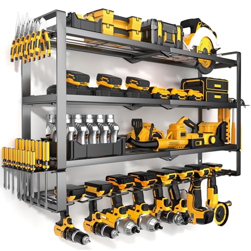 MOOMSINE Large Power Tool Organizer Wall Mount for Garage, 4-Tier Heavy Duty Metal Storage Rack Loads 400lbs, Battery Tools Hanger with 8 Cordless Drill Holders for Workshop, Pegboard, Shed - size: 32 Inch（4 Tier Extra Tall）