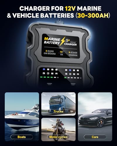 Smart 2 Bank Marine Battery Charger, 10A (5A/Bank), 12V,Waterproof,lifepo4 Lithium Battery Charger Maintainer and Desulfator for AGM, Lithium,Deep-Cycle Batteries Boat Accessories - size: 2 Bank(10A)