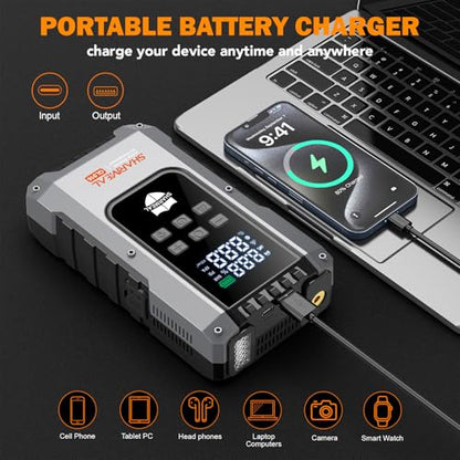 6000A Jump Starter with Air Compressor 160PSI 12V for All Gas/10L Diesel | Portable Car Battery Fast Charge Jump Starter, Jump Box with 3 Modes Flashlight and Jumper Cables Pack with Carries Case