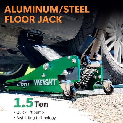 1.5T Low Profile Floor Jack, 3000 lb, Dual Pump | Lightweight aluminum & steel construction. Quick lift dual pump. Ideal for sedans and sports cars. Easy to store and move. - size: 1.5T Aluminum & Steel Green