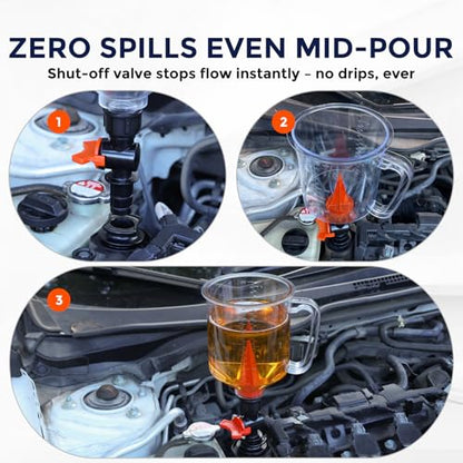 Spill-Proof Oil Funnel Kit 51oz - Master Engine Oil Change Funnel with Shut-Off Valve, 12-15 Adapters, Elbow Fitting, Arrow Screen Filter & Transparent Scale for All Cars Motorcycles