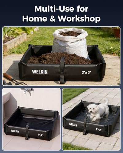 WELKIN Spill Containment Berm, Folding Duck Pond, Portable Secondary Containment Tray, for Oil Changes and Under Drip Protection (Black, 2' x 2')