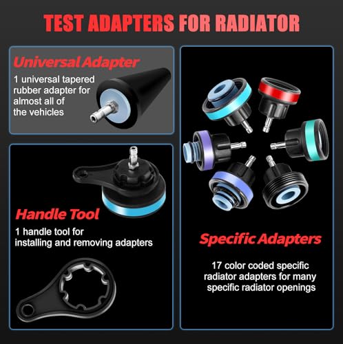 JIFETOR Radiator Pressure Leak Tester Coolant Vacuum Refill Tool 28PCS Kit | Universal Automotive Water Tank Leakage Test Detector & Cooling System Pneumatic Purge Coolant Change Set 21PCS Adapter Caps - color: Red Case
