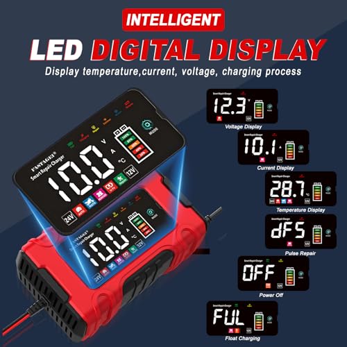 LiFePO4/Lead Acid Battery Charger Smart Battery Trickle Charger 12V/24V 10A/5A Automotive Battery Maintainer Desulfator Temp Compensation for Car Truck Motorcycle Lawn Mower Marine RV