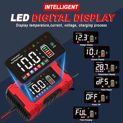 LiFePO4/Lead Acid Battery Charger Smart Battery Trickle Charger 12V/24V 10A/5A Automotive Battery Maintainer Desulfator Temp Compensation for Car Truck Motorcycle Lawn Mower Marine RV