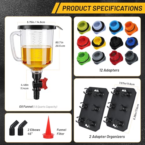 18Pcs Oil Funnel Kit, 1.59QT/1.5L Automotive Oil Funnel Set with 12 Adapters, Elbow Fitting, Arrow Screen and Magnetic Storage Hooks Tray, Compatible with BMW, Audi, GM, Ford Land Rover Etc