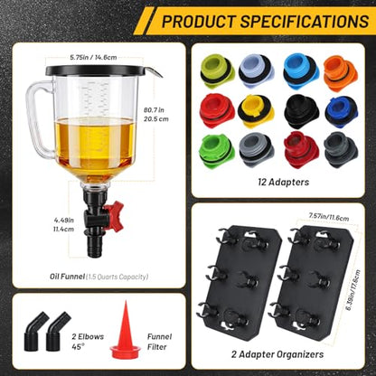 18Pcs Oil Funnel Kit, 1.59QT/1.5L Automotive Oil Funnel Set with 12 Adapters, Elbow Fitting, Arrow Screen and Magnetic Storage Hooks Tray, Compatible with BMW, Audi, GM, Ford Land Rover Etc