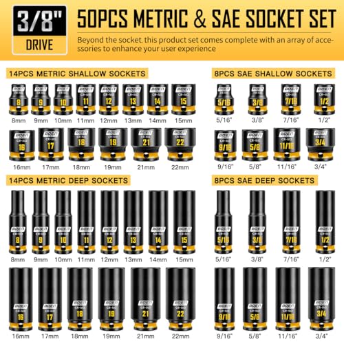 boen 3/8'' Drive Impact Socket Set, 50PCS Standard SAE (5/16 to 3/4 inch) and Metric (8mm-22mm), Deep & Shallow Size, 6-Point with Yellow Embossed Marking, CR-MO
