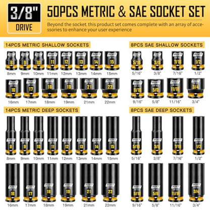 boen 3/8'' Drive Impact Socket Set, 50PCS Standard SAE (5/16 to 3/4 inch) and Metric (8mm-22mm), Deep & Shallow Size, 6-Point with Yellow Embossed Marking, CR-MO