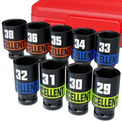 9 Piece 1/2-Inch Drive Impact Socket Set, 29-38mm Alxe Nut Sockets, 6 Point Metric Sockets for Automotive Repair, Equipment Maintenance - size: 1/2 Inch Metric Axle
