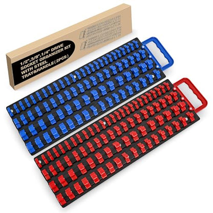 GOOACC Socket Organizer Tray 1/4 inch 3/8 inch 1/2 inch Socket Holder Portable Socket Rail Organizer Trays for Tool Box Drawer, 2Pcs Set Socket Tray Holds 160-Piece SAE Metric Socket, Blue & Red - size: 2 Set Tray 1/4"3/8"1/2" Blue Red