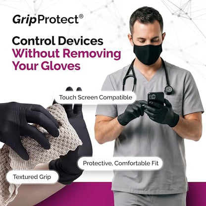 GripProtect Precise 5 Mil Black Nitrile Gloves – Chemical Resistant Nitrile Gloves with Textured Grip for Mechanics, Janitorial, Tattoo & Food Prep – Medical Grade Disposable Gloves, Medium, 100 - size: M