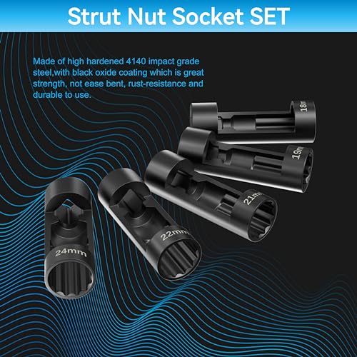 Suspension Strut Socket Tool,5PC Strut Nut Socket 18mm 19mm 21mm 22mm 24mm with 12 Point 1/2" Drive, Easy Remove Strut Nuts - color: 5pc 18/19/21/22/24mm