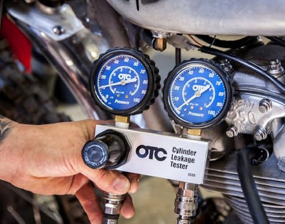 OTC 5609 Cylinder Leakage Tester Kit - Quickly Diagnose Internal Engine Problems like Bad Rings, Valves, and Leaking Head Gaskets | Dual 2-1/2 Gauges, Pressure-Regulated Manifold, 24 Hose, 10/12/18 Mm Adapters, Hard Case