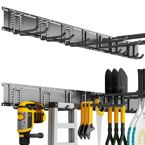 Garden Tool Organizer Wall Mount, 48inch Heavy Duty Garden Tool organizer Storage System, Easy Install With 7 Adjustable Hooks, For Garage, Basement, Shed, Workshop(Black) - size: 48inch+7Hooks