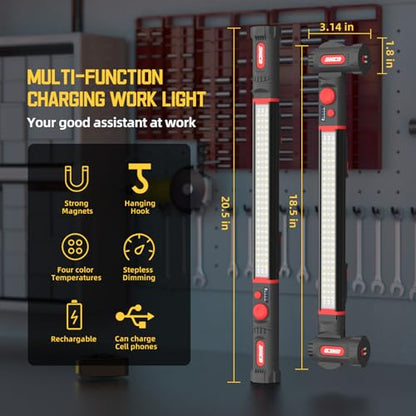 Magnetic work light,5200mAh Long size Rechargeable LED Work Light with Magnetic Bases&HangingHooks,Aluminum Alloy Magnetic light bar with 4Lighting Modes, For Car Repairing/Inspection/Garage