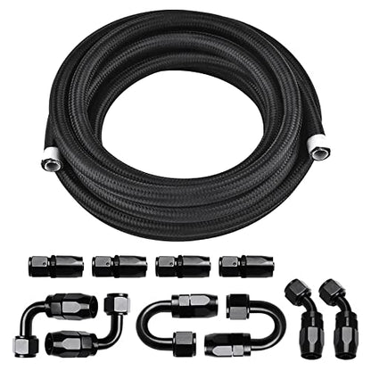 6AN 20FT PTFE Fuel Line Fitting Kit, E85 Nylon Braided Stainless Steel Fuel Oil Gas Hose with 10PCS Aluminum Swivel Fuel Hose Fitting Adapter Kit - Black - color: Black, size: 6AN Fitting+20Ft Hose