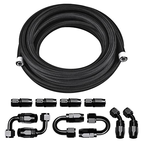 8AN 20FT PTFE Fuel Line Hose Kit, E85 Stainless Steel Nylon Braided Fuel Hose with 10PCS Aluminum Swivel Fuel Fitting Adapter Kit - Black - color: Black, size: 8AN Fitting+20Ft Hose
