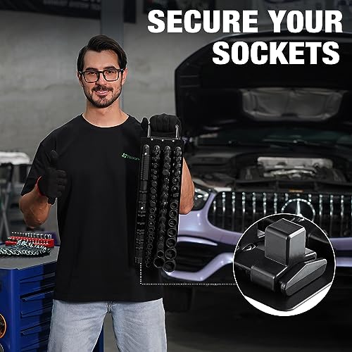 ALOANES 96-Piece Portable Socket Organizer Steel Tray, Socket Holders with Portable Handle, Heavy Duty Socket Holder Kit, 1/2-inch x 28 Clips, 3/8-inch x 36 Clips, 1/4-inch x 32 Clips(Black)