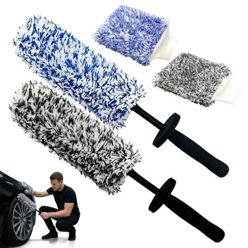 Wheel Barrel Brush, 2026 New Long Handle Microfiber Wheel Brush Car Duster Exterior,Car Duster Interior Multipurpose Cleaning Tool (Blue+Black Set) - color: Blue+Black Set