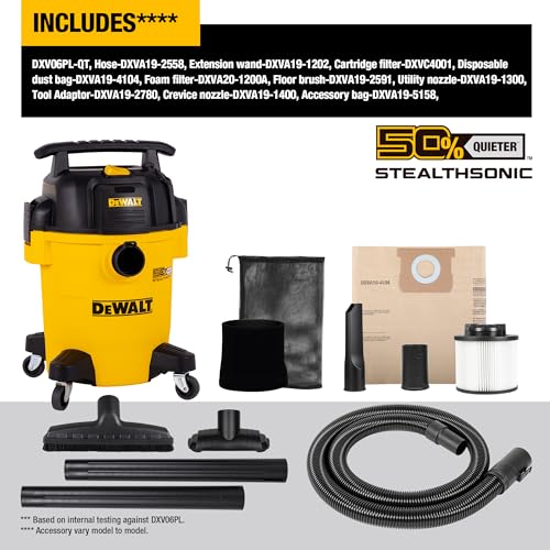 DEWALT 6 Gallon STEALTHSONIC Shop Vacuum Wet and Dry DXV06PL-QT, Ultra Quiet 4 Peak HP Wet Dry Vac for Jobsite & Workshop - size: 6 gallon