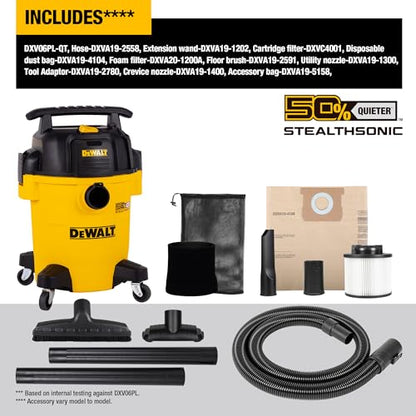 DEWALT 6 Gallon STEALTHSONIC Shop Vacuum Wet and Dry DXV06PL-QT, Ultra Quiet 4 Peak HP Wet Dry Vac for Jobsite & Workshop - size: 6 gallon