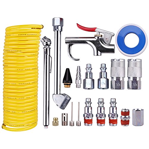 Air Compressor Kit, 1/4 Inch NPT Air Tool Kit with 1/4 Inch x 25Ft Coil Nylon Hose/Tire Gauge - 20 Pieces