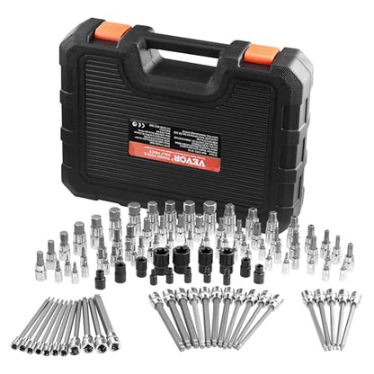 VEVOR Bit Socket Set, 107-Piece SAE and Metric, Hex/Torx/External Torx/Tamper-Proof/Extra Long, S2 Alloy Steel and Cr-V Steel, 1/4 in, 3/8 in, and 1/2 in Drives, with Enhanced Storage Case, Hand Use - style: 107 PCS Hex & Torx & E-Torx