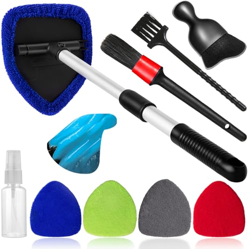 Qydipclin 10pcs Windshield Cleaner Tool, Car Window Cleaning Wash Kit with 4 Reusable Microfiber Pads 1 Spray Bottle and Extendable Handle Auto Glass Wiper Kit, Multicolor - color: Blue & Green & Gray & Red