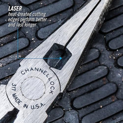 Channellock 317 8-Inch Long Nose Plier with Side Cutter | Needle Nose Pliers with Knife and Anvil - Style Side Cutter | Crosshatch Jaw Forged from High Carbon Steel for Maximum Grip on Materials | Specially Coated for Rust Prevention | Comfort Grips , Blu