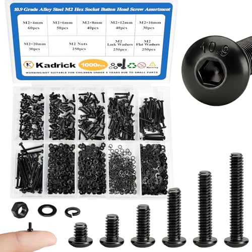 Kadrick 1000PCS M2 Screw Assortment kit,M2 Screws with Nuts and washers, Grade 10.9 Alloy Steel Hex Socket Button Head Black Bolts Nuts Kit,Lenth Form 4mm-20mm - size: M2 1000Pcs 4-20mm