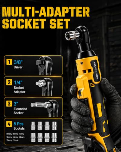 3/8" Cordless Ratchet Wrench Compatible with Dewalt 20V Battery, 74ft-lbs | 1250 RPM Brushless, LED Light, Compact Low Profile Electric Ratchet with 8 Sockets Set, 3 Inch Extension Bar - size: 3/8"