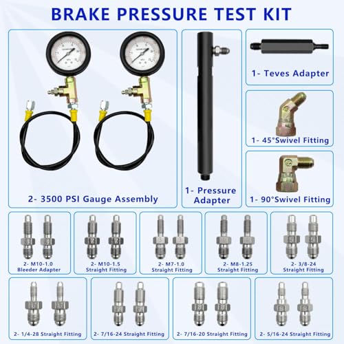 Brake Pressure Tester, Universal Brake Pressure Gauge, 0-3500PSI ABS Hydraulic Oil Pressure Gauge Kit, Brake System Test Diagnostic Tool for Gasoline Car