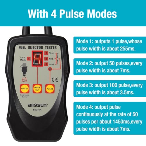 allsun Fuel Injector Tester & Cleaner 4 Pulse Mode Diagnostic Tool with Mode-Lock, Universal 12V Autom Injector Tester Kit, LED Indicator Quick Test Stuck/Leaking/Burnt Injectors for Gasoline Only