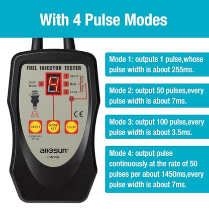 allsun Fuel Injector Tester & Cleaner 4 Pulse Mode Diagnostic Tool with Mode-Lock, Universal 12V Autom Injector Tester Kit, LED Indicator Quick Test Stuck/Leaking/Burnt Injectors for Gasoline Only