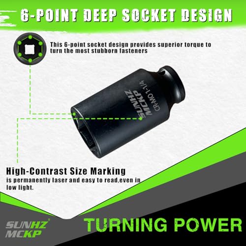 SUNHZMCKP 1/2 Inch Drive Impact Socket, SAE 1-1/4 In Deep 6 Point Socket, CR-MO, Axle Nut Impact Grade Socket for Easy Removal (1-1/4) - color: Sae, size: 1-1/4 inch