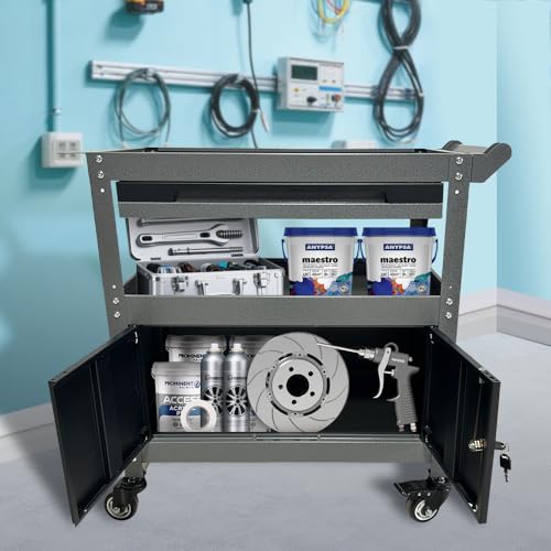 JZD Steel Rolling Tool Cart, Metal Industrial Grade Utility Cart on Wheels with One Drawer & Lockable Cabinets, for Mechanic Garage Auto Repair Shop, Black & Grey - size: 03