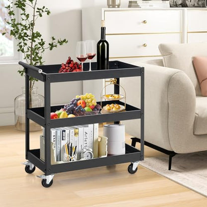 Goplus 3-Tier Utility Cart, Heavy Duty Commercial Service Tool Cart w/Lockable Wheels, 330lbs Load Capacity, Ergonomic Handle, Rolling Mechanic Tool Cart Storage Organizer for Warehouse Garage Black - color: Black
