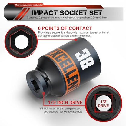 9 Piece 1/2-Inch Drive Impact Socket Set, 29-38mm Alxe Nut Sockets, 6 Point Metric Sockets for Automotive Repair, Equipment Maintenance - size: 1/2 Inch Metric Axle