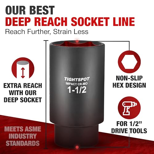TIGHTSPOT 1/2 Inch Drive - 1 1/2 Inch Deep Impact Socket with Anti-Rounding 6 Point Design, Heat-Treated CRMO Steel - size: 1/2” Drive 1 1/2” Deep Impact Socket - 6pt, style: 1/2" Drive Deep Socket