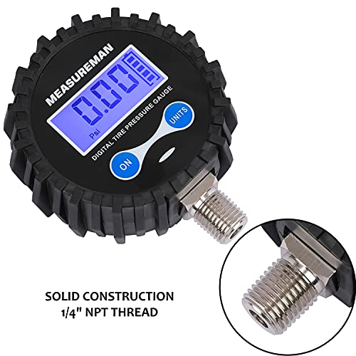 MEASUREMAN 2-1/2" Dial Size Digital Air Pressure Gauge with 1/4'' NPT Bottom Connector and Protective Boot, 0-15psi, Accuracy 1%, Battery Powered - size: Long thread, style: 0-15psi